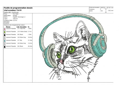 Motif de broderie machine chat avec ses écouteurs