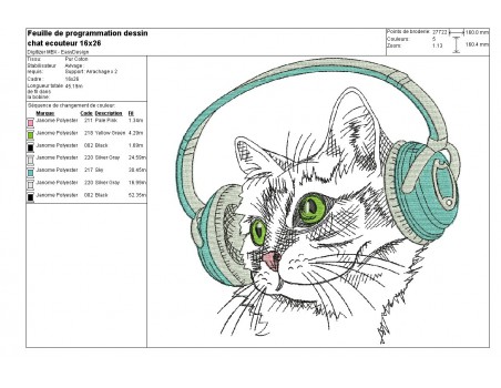 Motif de broderie machine chat avec ses écouteurs