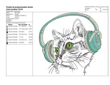 Motif de broderie machine chat avec ses écouteurs