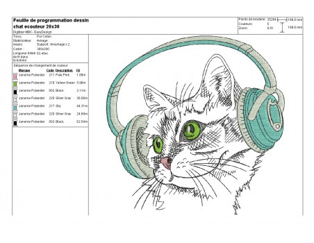 Motif de broderie machine chat avec ses écouteurs