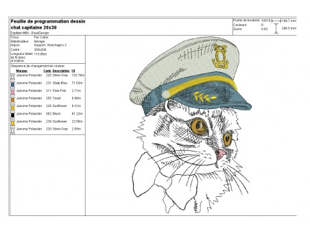 Motif de broderie machine chat capitaine