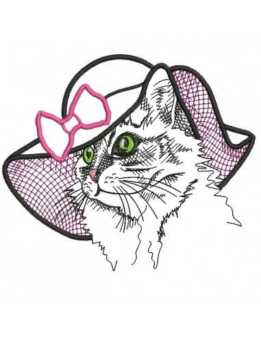 Motif de broderie machine chatte au chapeau