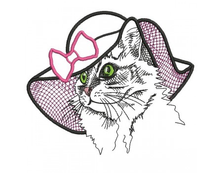 Motif de broderie machine chatte au chapeau