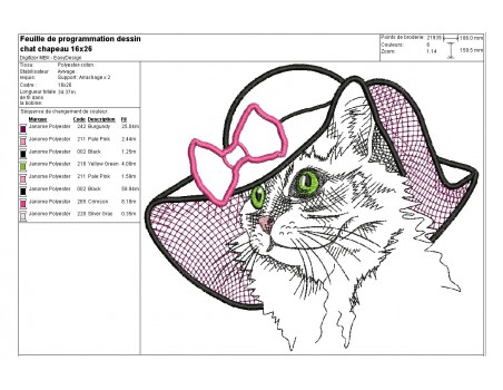 Motif de broderie machine chatte au chapeau