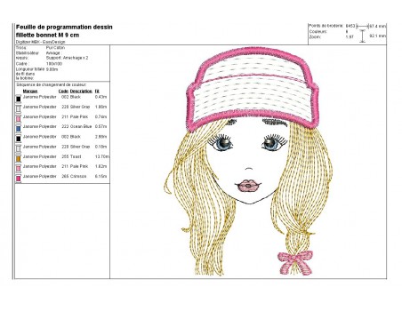 Motif de broderie machine fille avec son bonnet en mylar