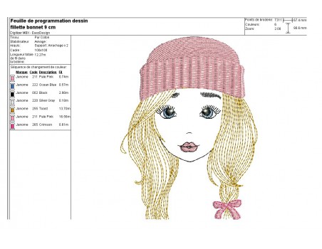 Motif de broderie machine fille avec son bonnet