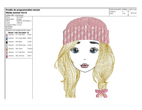 Motif de broderie machine fille avec son bonnet