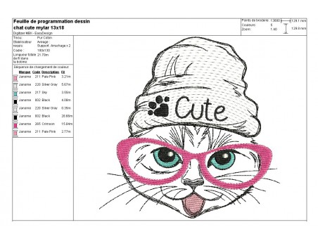 Motif de broderie machine chat cute mylar