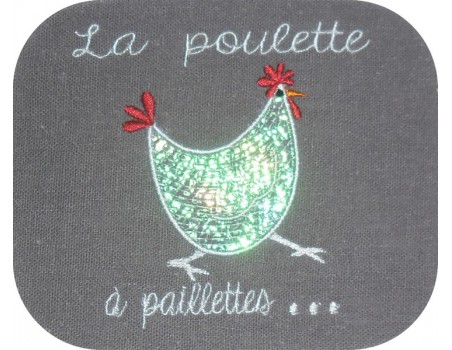 Motif de broderie machine appliqué poule à paillettes en mylar