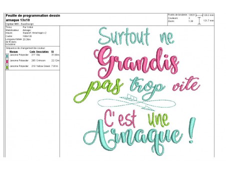 Motif de broderie texte ne grandis pas