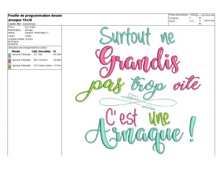 Motif de broderie texte ne grandis pas