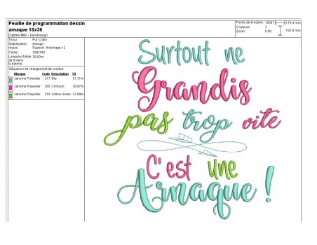 Motif de broderie texte ne grandis pas