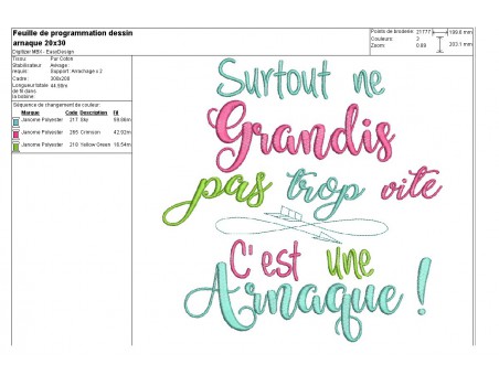 Motif de broderie texte ne grandis pas