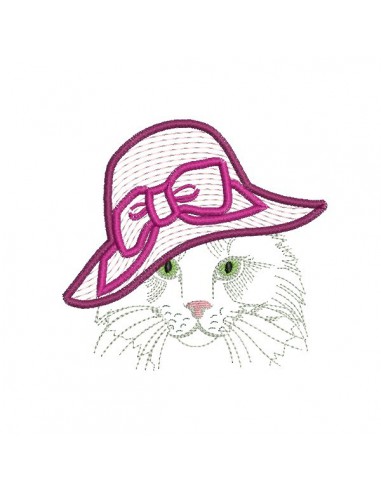 Motif de broderie machine chatte au chapeau appliqué mylar