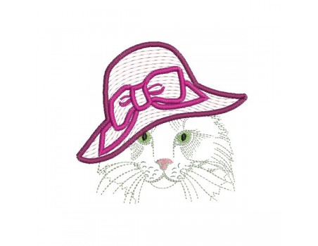 Motif de broderie machine chatte au chapeau appliqué mylar