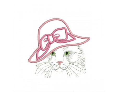 Motif de broderie machine chatte au chapeau appliqué