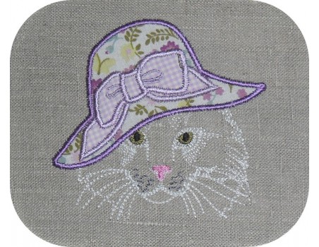 Motif de broderie machine chatte au chapeau appliqué