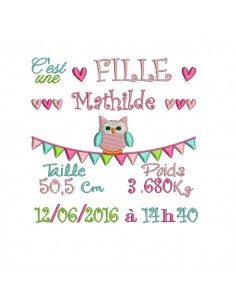 Motif de broderie machine journal de naissance fille