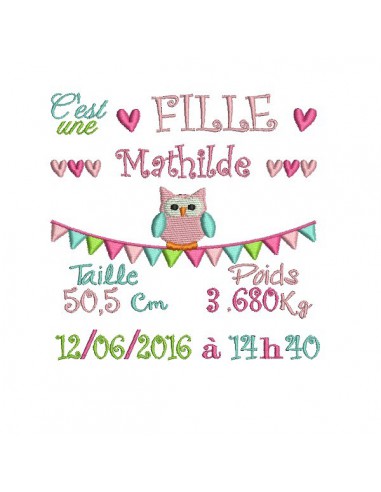 Motif de broderie machine journal de naissance fille