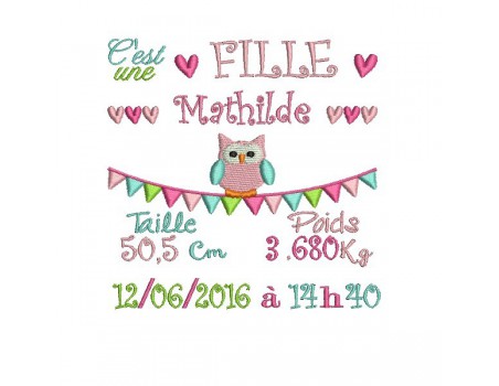 Motif de broderie machine journal de naissance fille