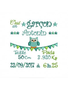 Motif de broderie machine journal de naissance garçon