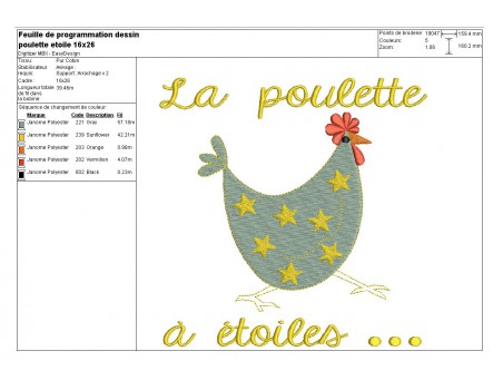 Motif de broderie machine  poule à étoiles