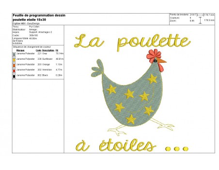 Motif de broderie machine  poule à étoiles