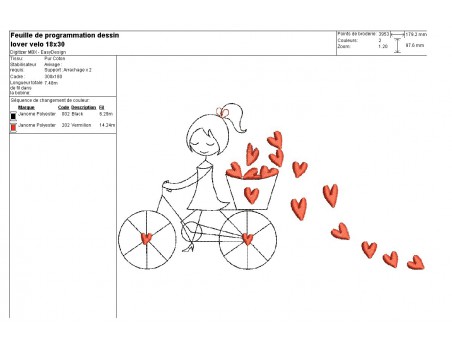 Motif de broderie machine fille velo coeurs