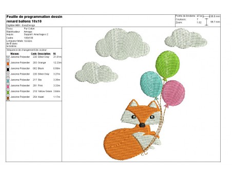 Motif de broderie machine renard avec ses ballons