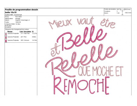 Motif de broderie texte belle et rebelle