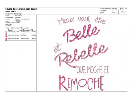 Motif de broderie texte belle et rebelle