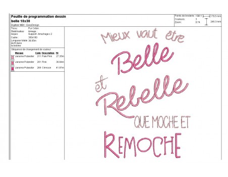 Motif de broderie texte belle et rebelle