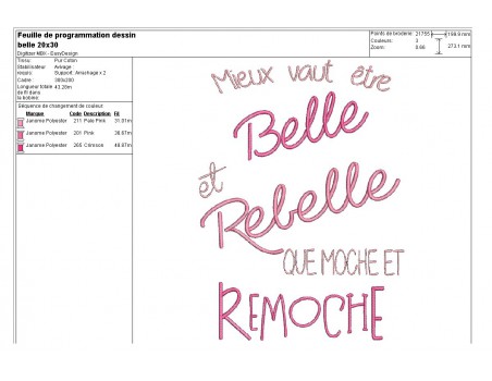 Motif de broderie texte belle et rebelle