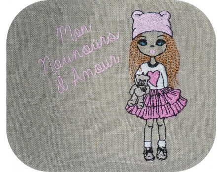 Motif de broderie machine petite fille nounours