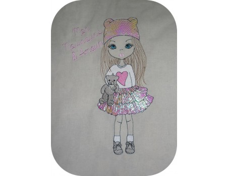 Instant download machine embroidery design little girl with teddy