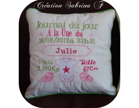 Motif de broderie machine journal de naissance personnalisable