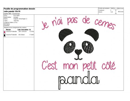 Motif de broderie machine côté panda