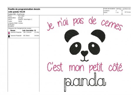 Motif de broderie machine côté panda