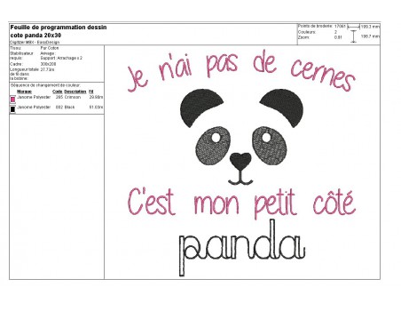 Motif de broderie machine côté panda