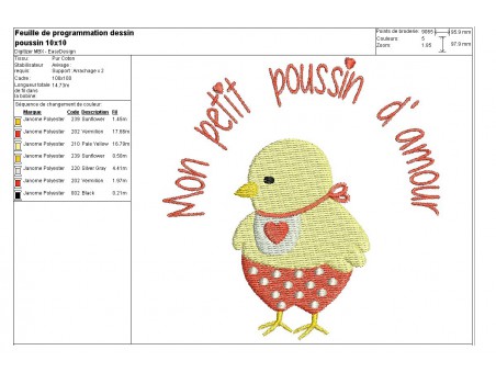 Motif de broderie machine poussin