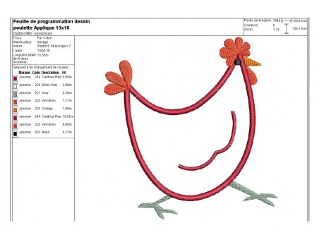 Motif de broderie machine poule  appliquée