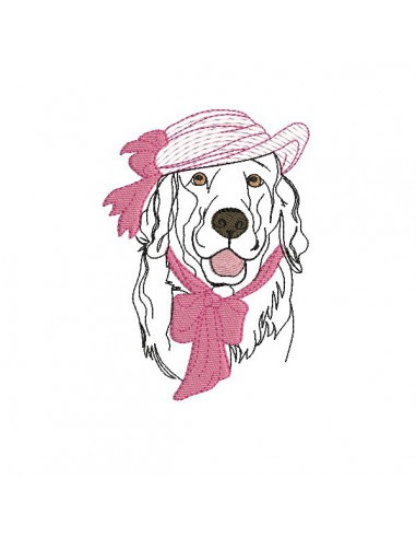 Motif de broderie machine golden retriever au chapeau appliqué mylar