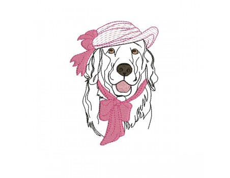 Motif de broderie machine golden retriever au chapeau appliqué mylar