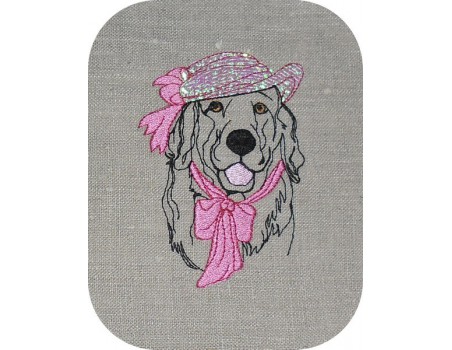 Motif de broderie machine golden retriever au chapeau appliqué mylar