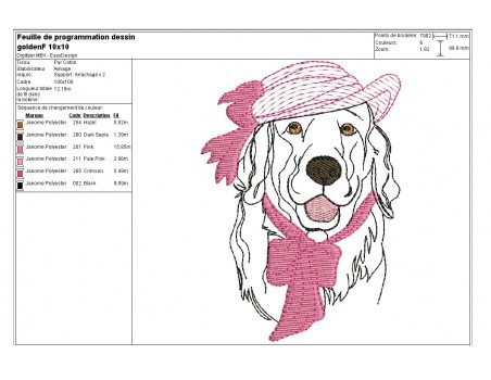 Motif de broderie machine golden retriever au chapeau appliqué mylar