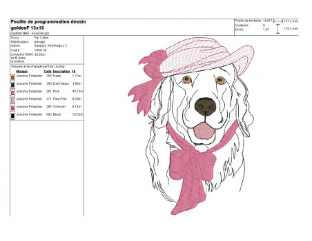 Motif de broderie machine golden retriever au chapeau appliqué mylar