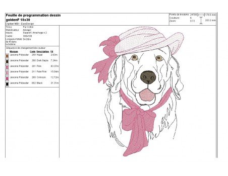 Motif de broderie machine golden retriever au chapeau appliqué mylar