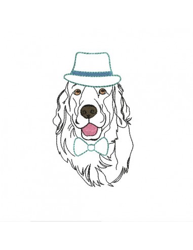 Motif de broderie machine golden retriever au chapeau et noeud appliqué