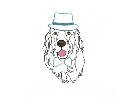 Motif de broderie machine golden retriever au chapeau et noeud appliqué