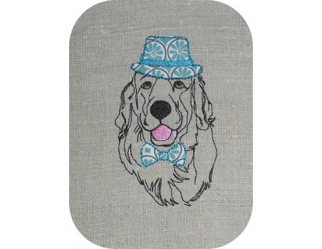 Motif de broderie machine golden retriever au chapeau et noeud appliqué